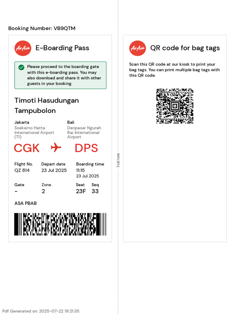 E-Boarding Pass QR Code For Bag Tags: Booking Number: VB9QTM | PDF