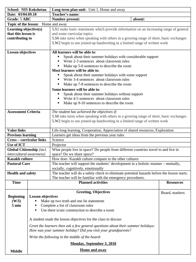 English Grade 5 Unit 1 Home and Away LP | PDF | Truth | Learning