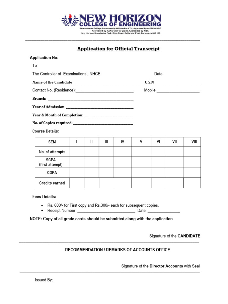 Application For Official Transcript | PDF