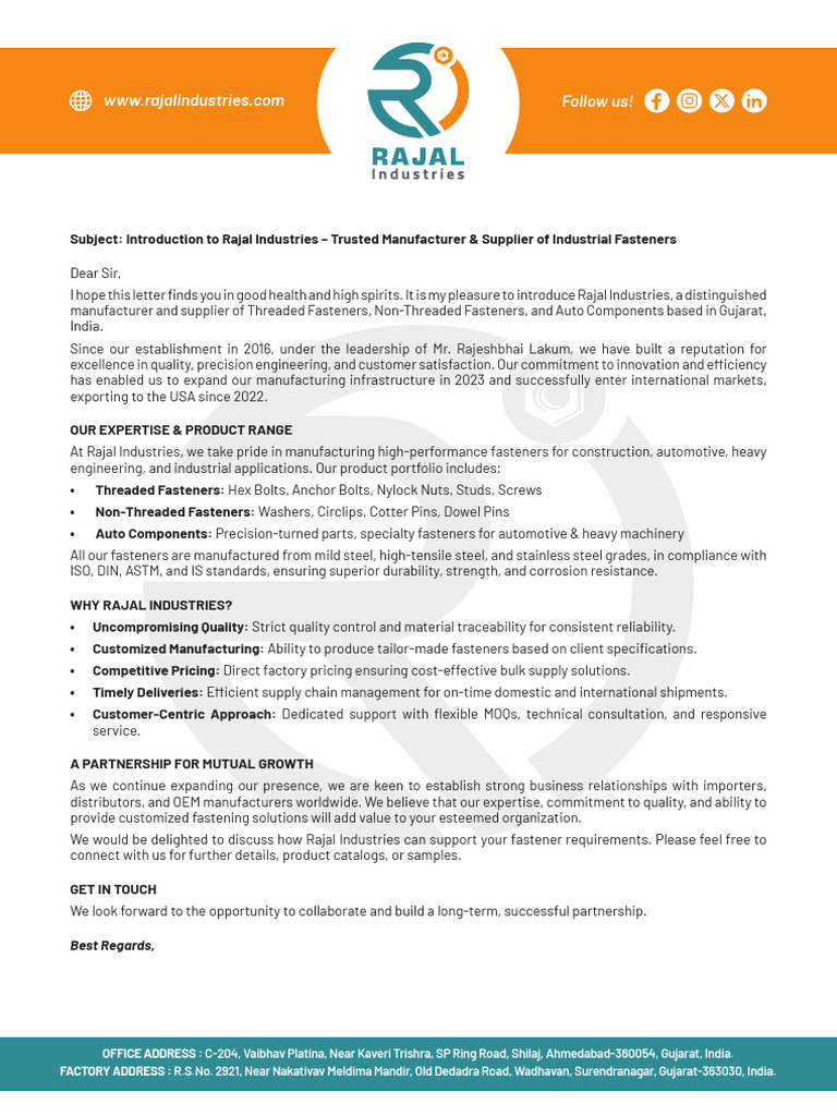 R Business Introduction Letter | PDF | Screw | Nut (Hardware)