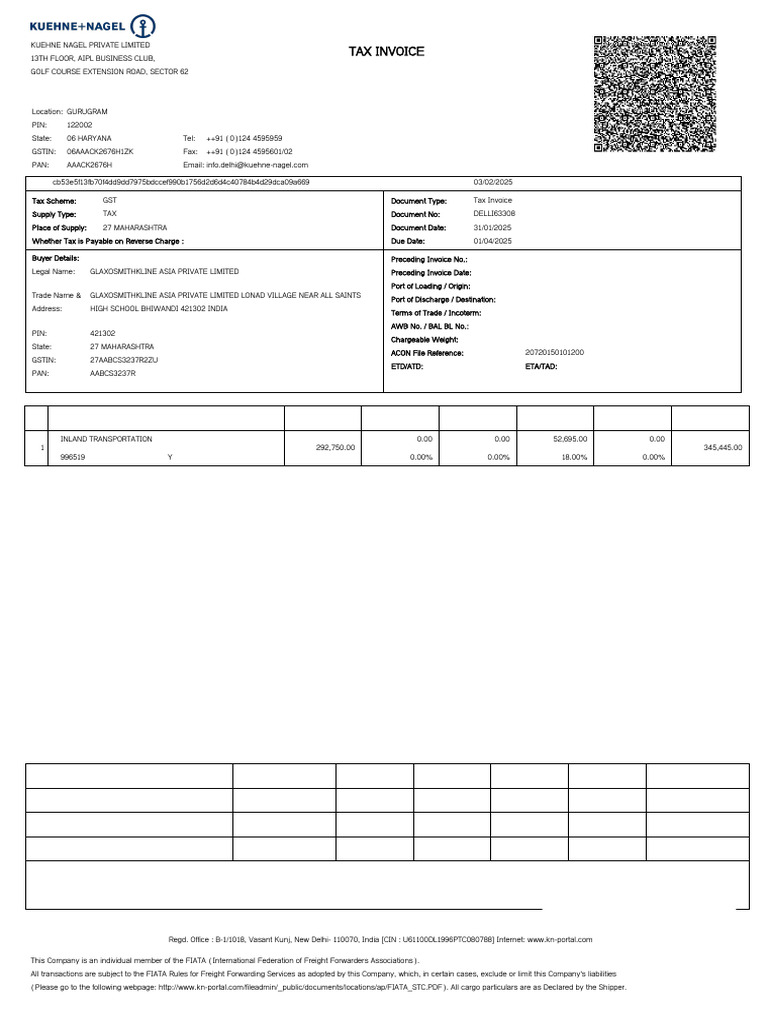 Tax Invoice: 1 Inland Transportation 292,750.00 0.00 0.00 52,695.00 0. ...
