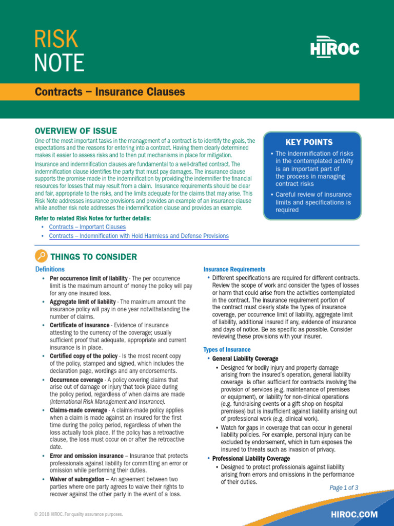 Risk Note Contracts Insurance Clauses | PDF | Insurance | Liability ...