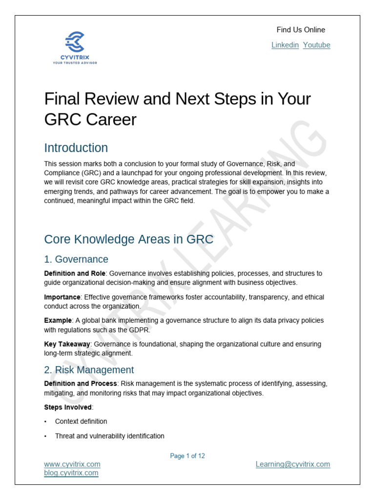 Final Review and Next Steps in Your GRC Career: 1. Governance | PDF ...