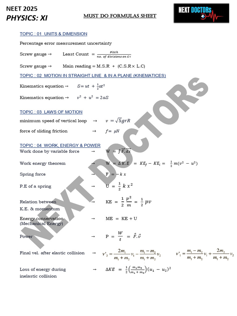 NEET 2025 Important Formulas SHEET | PDF | Heat | Force