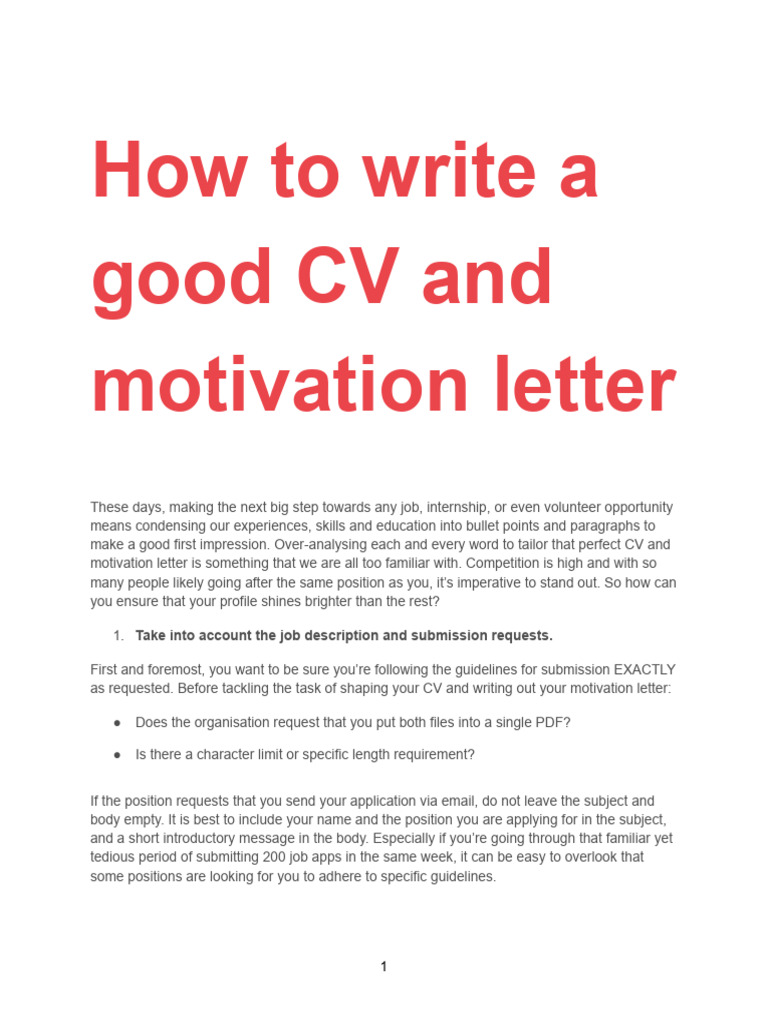 How To Write A Good CV and Motivation Letter | PDF