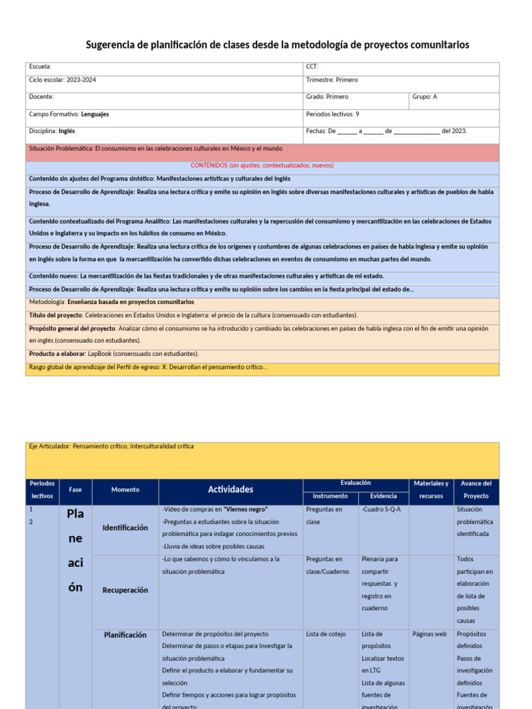 Formato de planificación de clases por proyecto | PDF | Aprendizaje ...