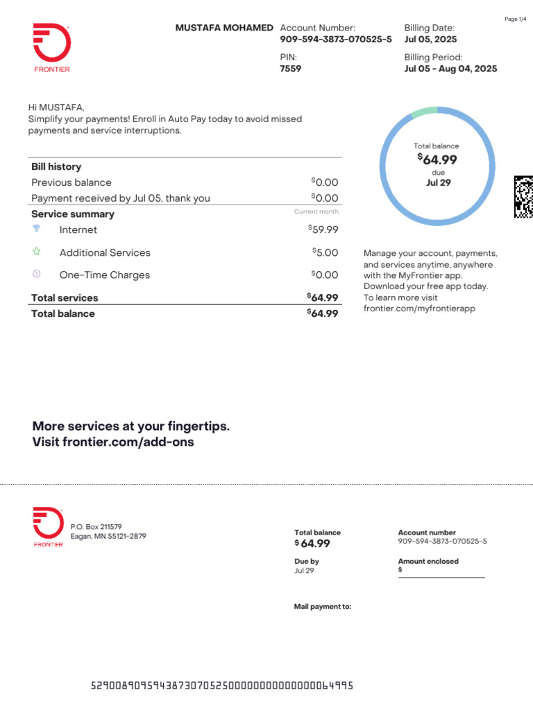 MyFrontier Bill July 5 2025 | PDF | Fee | Subscription Business Model