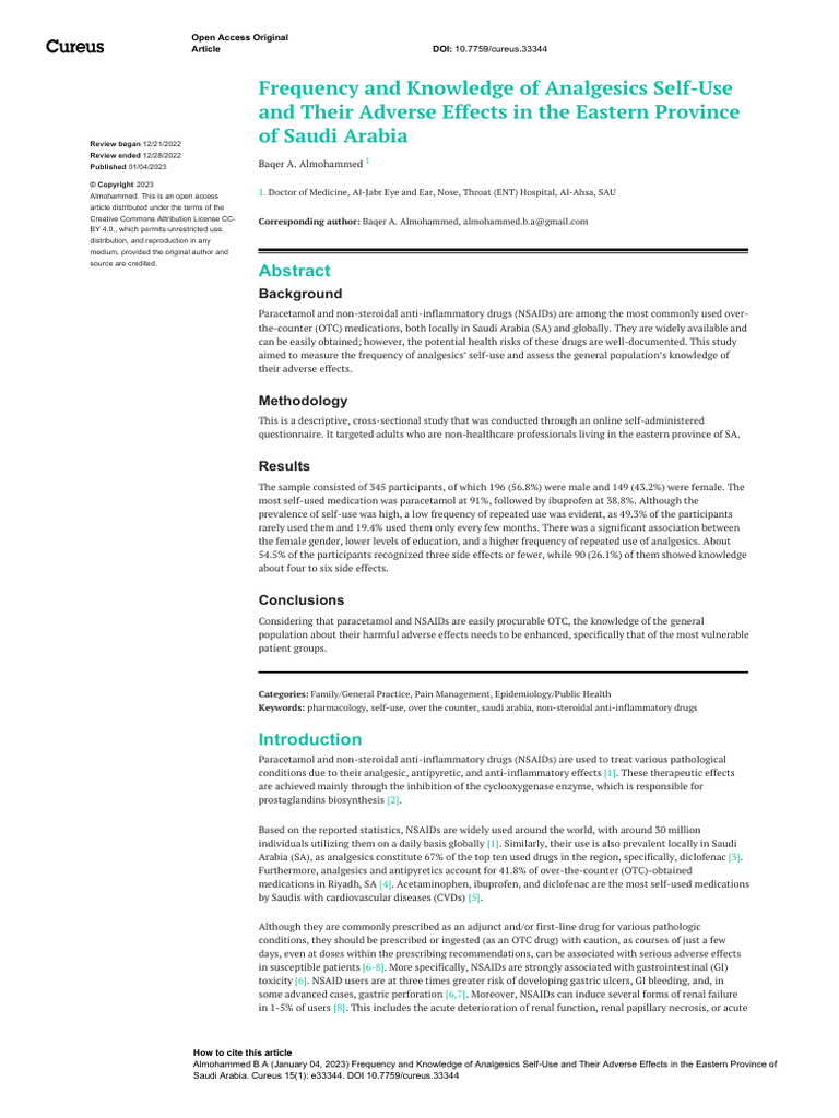 Frequency and Knowledge of Analgesics Self-Use | PDF | Nonsteroidal ...