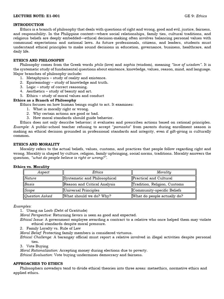 Lecture Note 1 Ethics | PDF | Morality | Justice