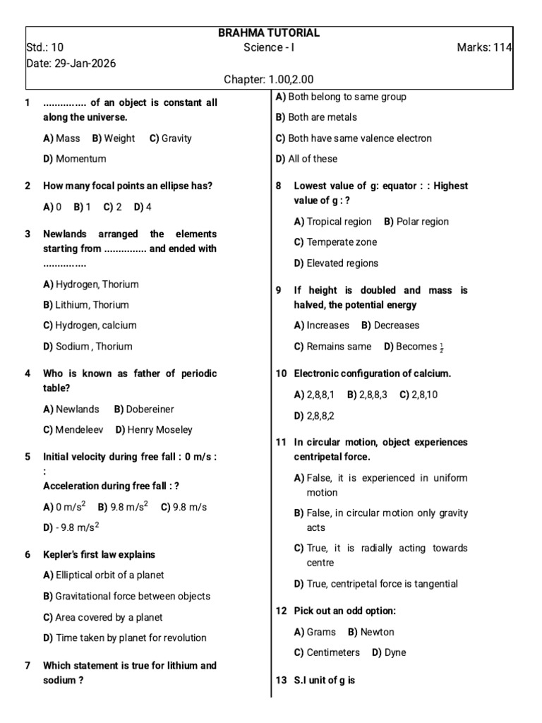 Science 1 Chapter 1 and 2 MCQ Test | PDF | Force | Mass