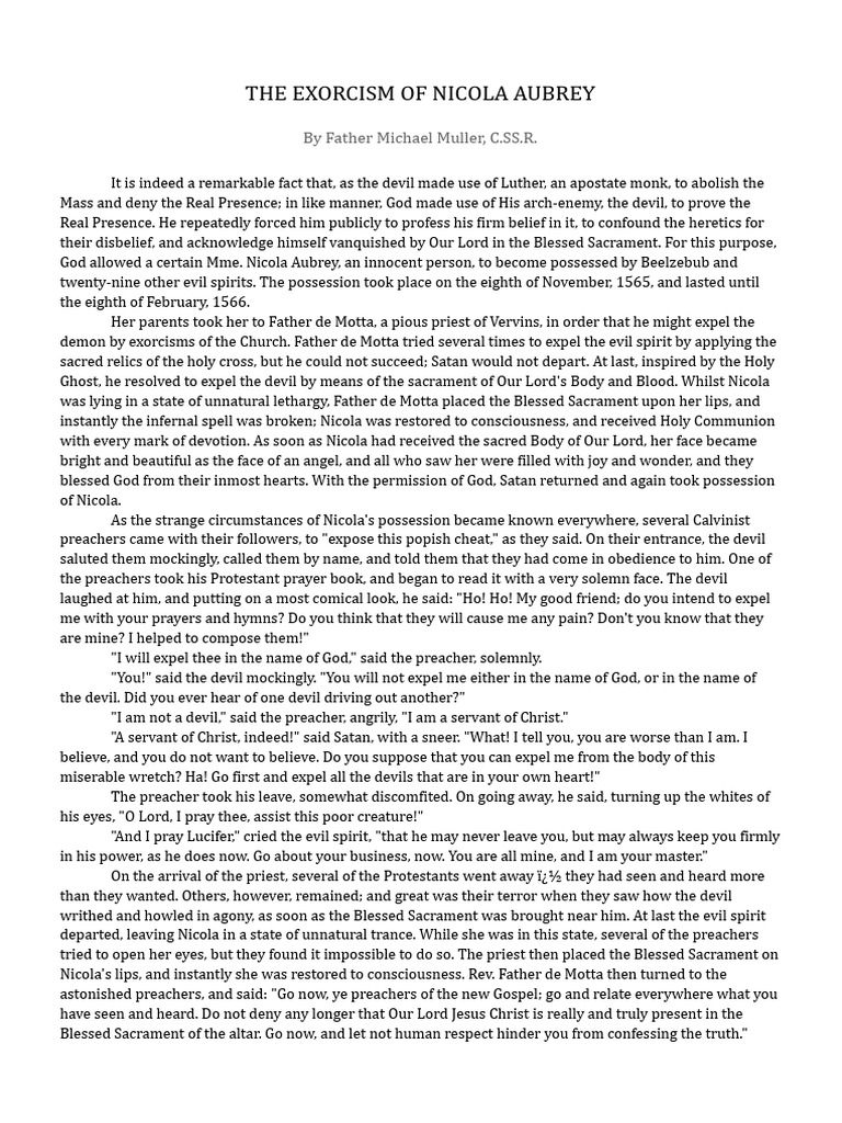 The Exorcism of Nicola Aubrey | PDF | Satan | Eucharist