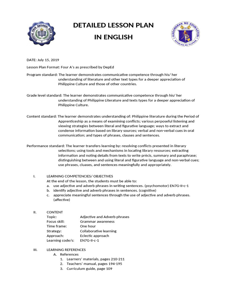 Detailed Lesson Plan in Englis Revised | PDF | Adverb | Adjective