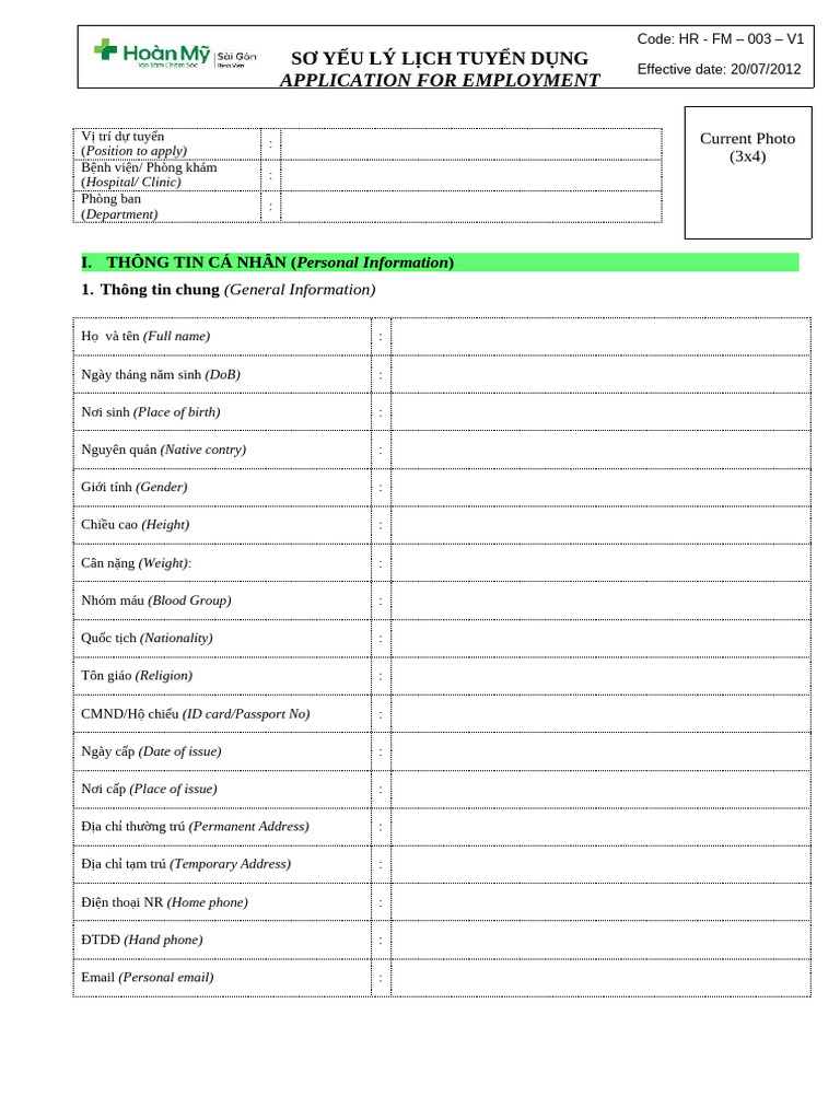 003 - Application Form - BV Hoàn M | PDF