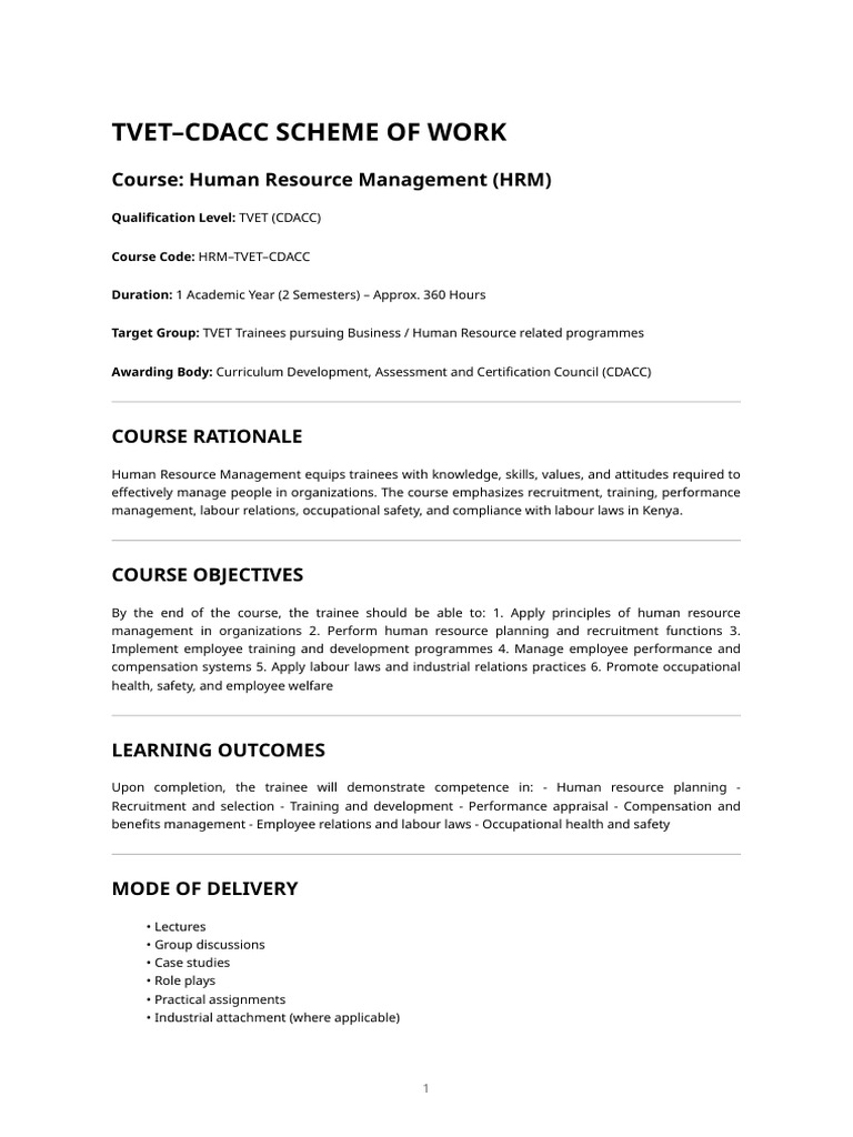Tvet-Cdacc Scheme of Work - Human Resource Management | PDF | Human ...