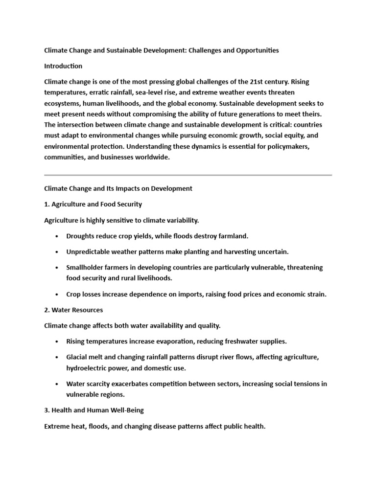 Climate Change and Sustainable Development Challenges and Opportunities ...