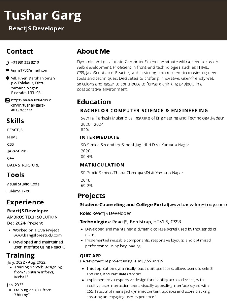TusharGarg React Resume | PDF | Web Development | Software Development