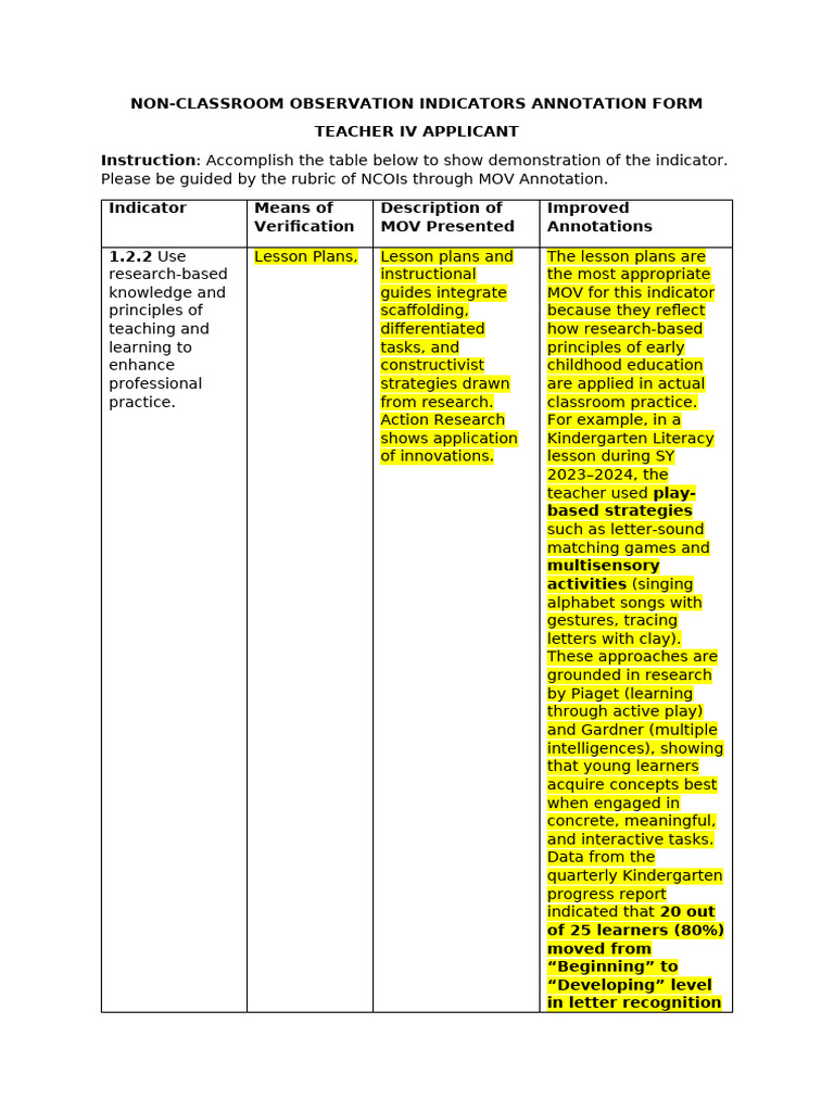 Sample Ncoi Annotations Form | PDF | Lesson Plan | Learning