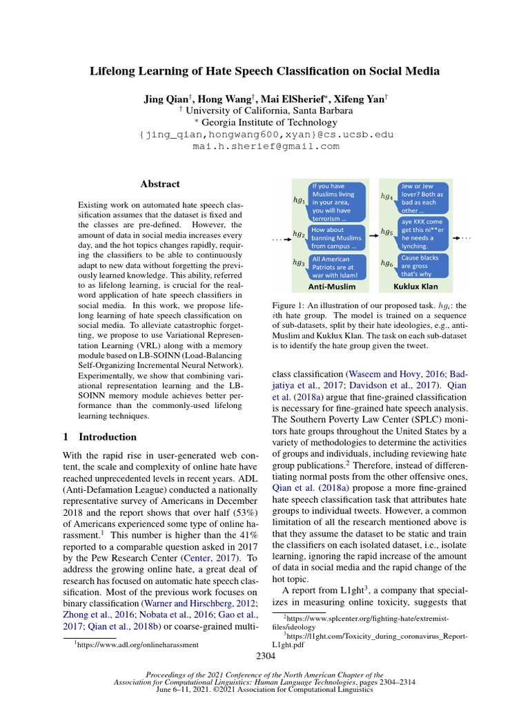Lifelong Learning of Hate Speech Classification on Social Media | PDF ...