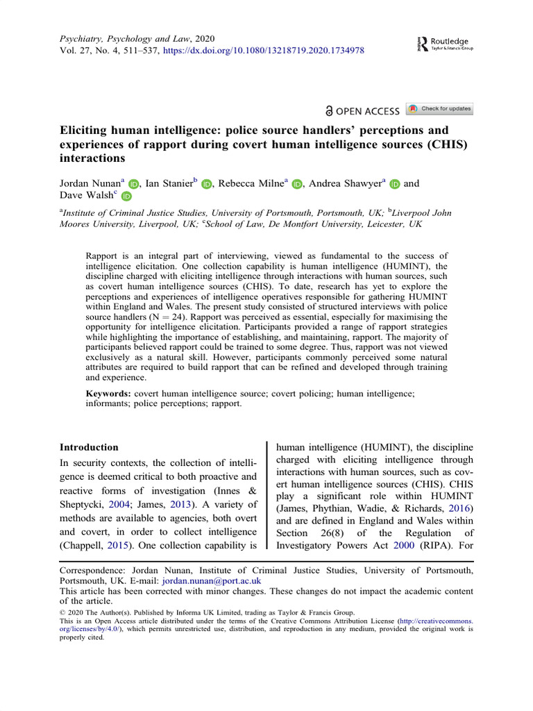 Eliciting Human Intelligence Police Source Handlers' Perceptions | PDF ...