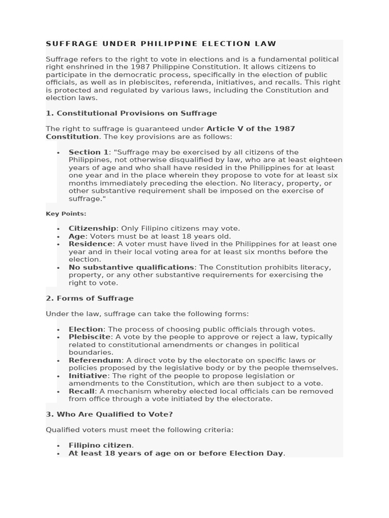 Suffrage Under Philippine Election Law | PDF | Suffrage | Elections