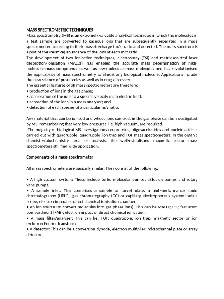 MS Spectroscopic Techniques | PDF | Mass Spectrometry | Electrospray ...