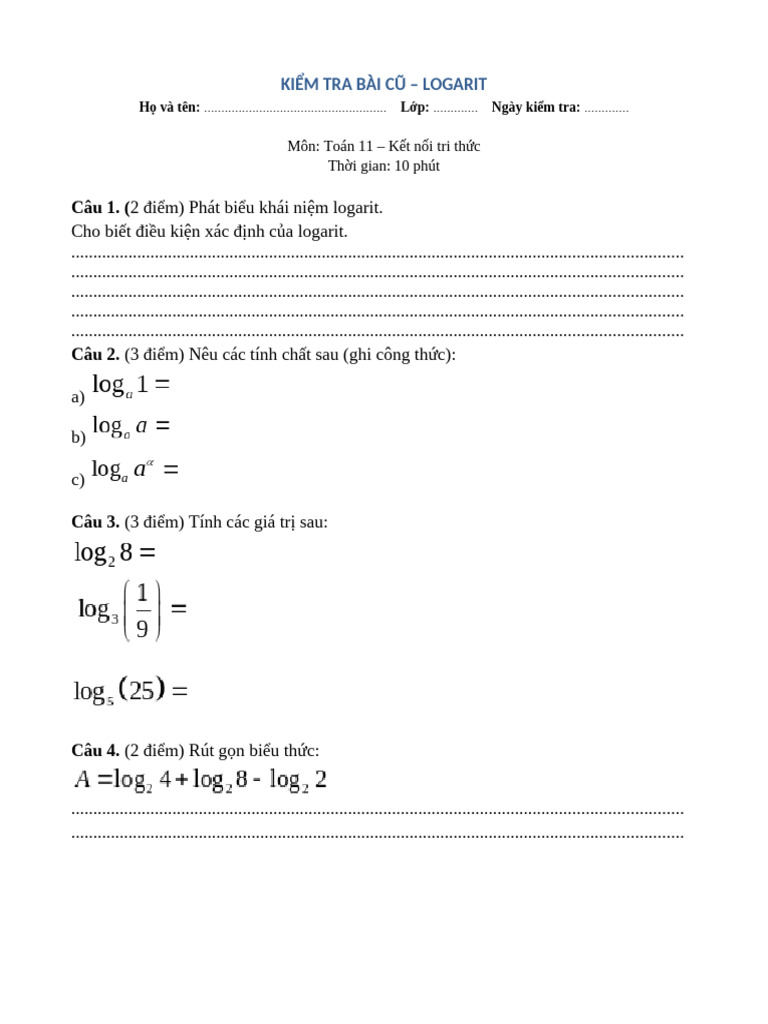 Kiem Tra Bai Cu Logarit Toan 11 | PDF