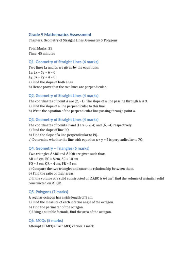 Grade 9 Maths Assessment Updated | PDF