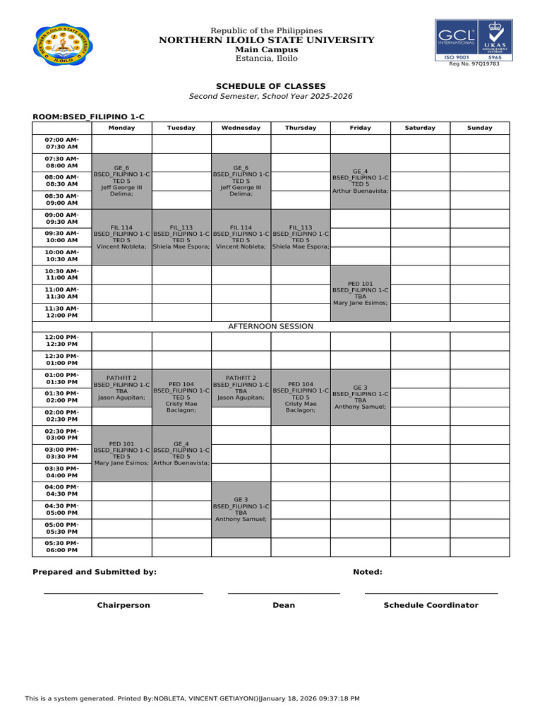 Bsed Filipino Class Schedule 2ND Sem 2025 2026 | PDF