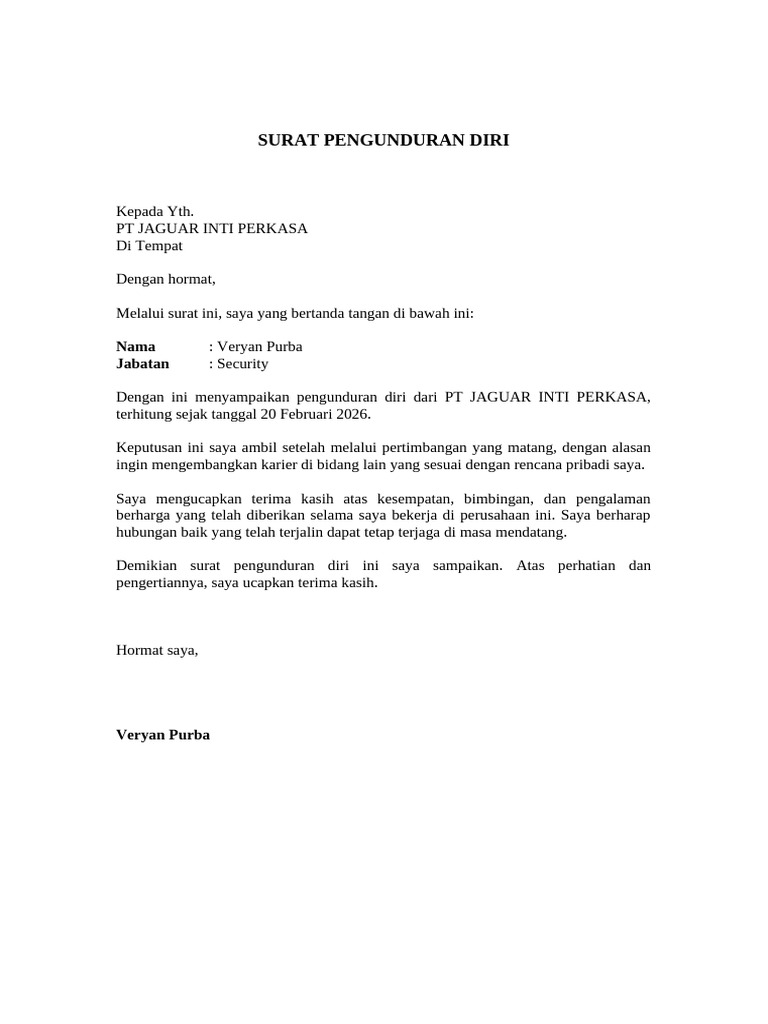 Contoh Surat Resign Kerja Word | PDF
