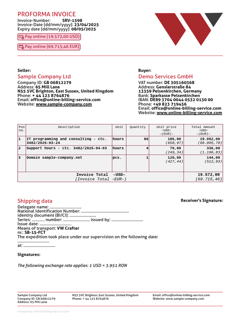 Proforma Invoice Without Vat Usd+Eur English | PDF | Invoice ...