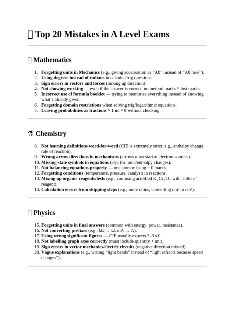 ? Top 20 Mistakes in A Level Exams | PDF