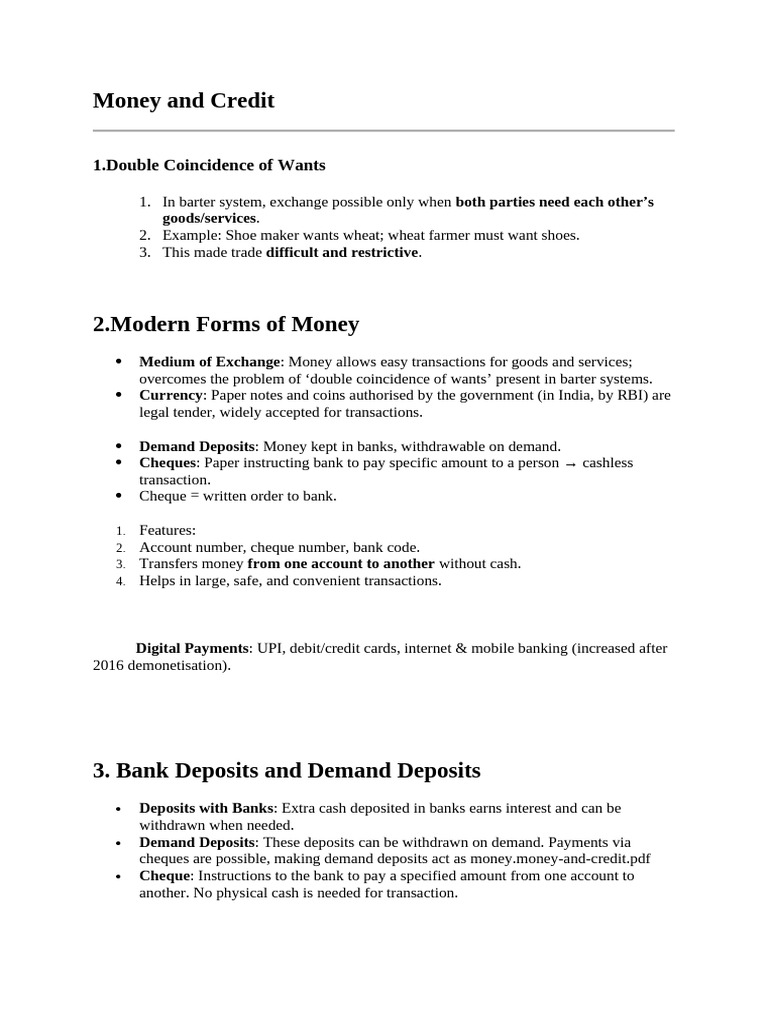 Money and Credit Short Notes New1 | PDF | Loans | Finance & Money ...