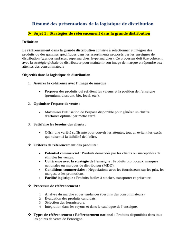Résumé Des Présentations de La Logistique de Distribution | PDF ...