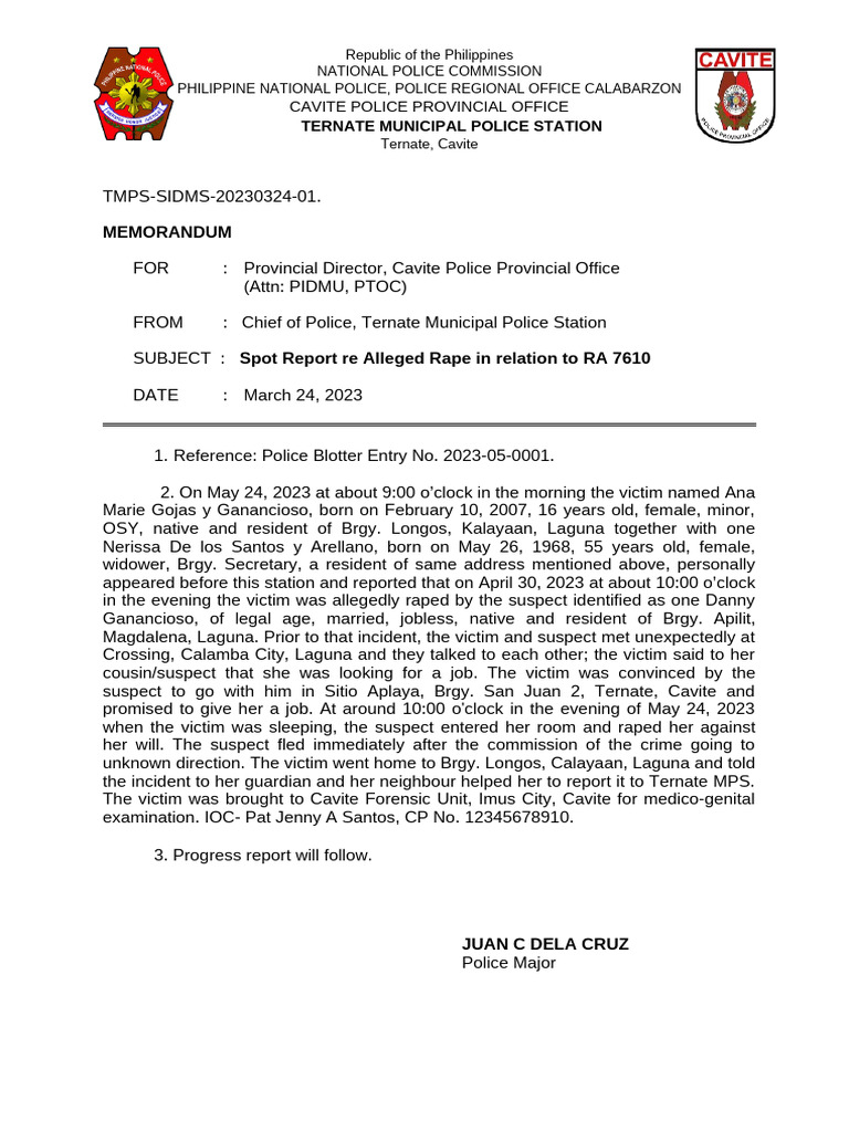 Spot and Progress Report Re Rape in Relation To RA 7610 04052025 | PDF ...