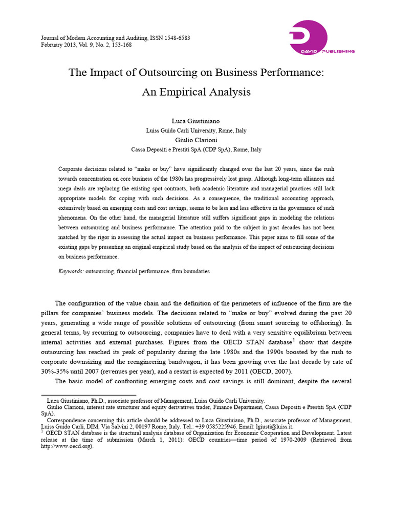 The Impact of Outsourcing On Business Pe | PDF | Economies | Business