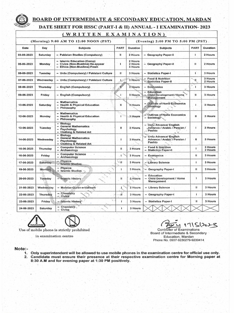 Datesheet HSSC A1 2023 | PDF