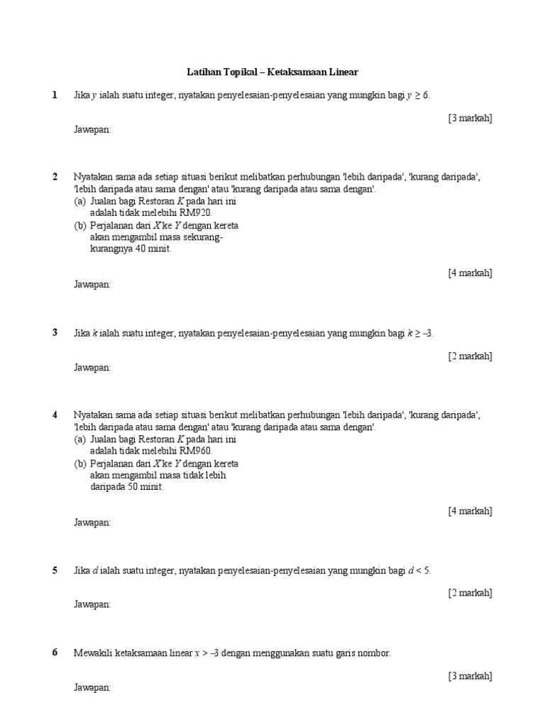 Latihan Topikal Ketaksamaan Linear Pdf