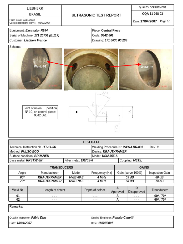 CQA 11 098 03 Ultrasonic Test Report | PDF | Welding | Construction