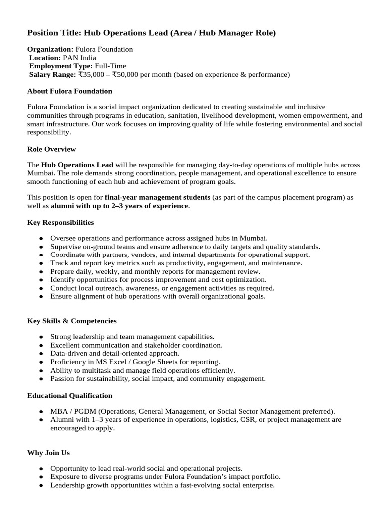 Hub Operations Lead JD | PDF | Leadership | Corporate Social Responsibility