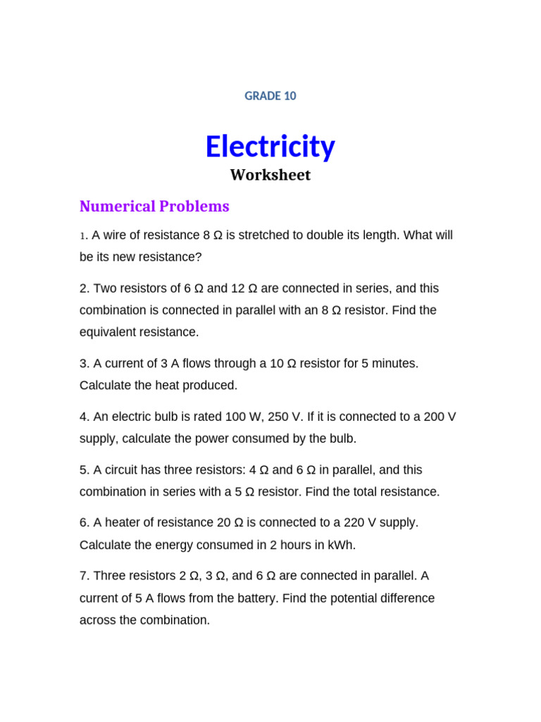 Electricity Worksheet | PDF