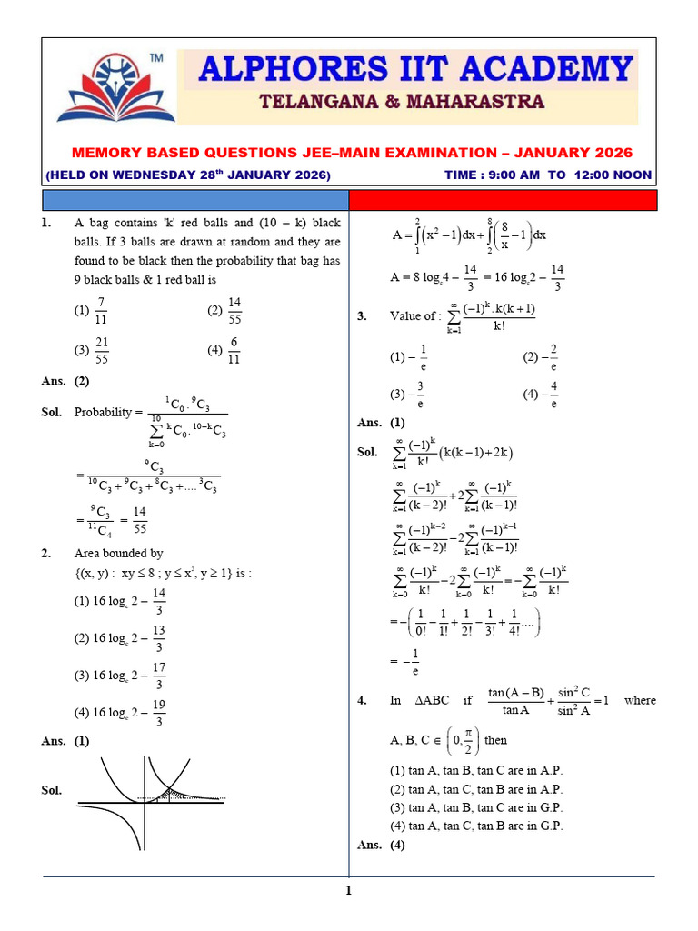 JEE Main - Shift 01 - 28 01 2026 | PDF | Euclidean Geometry