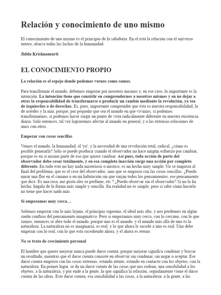 Relación y Conocimiento de Uno Mismo | PDF | Conocimiento | Amor