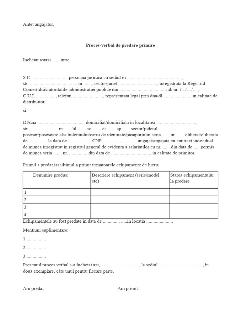 Proces Verbal Predare Primire Echipament | PDF