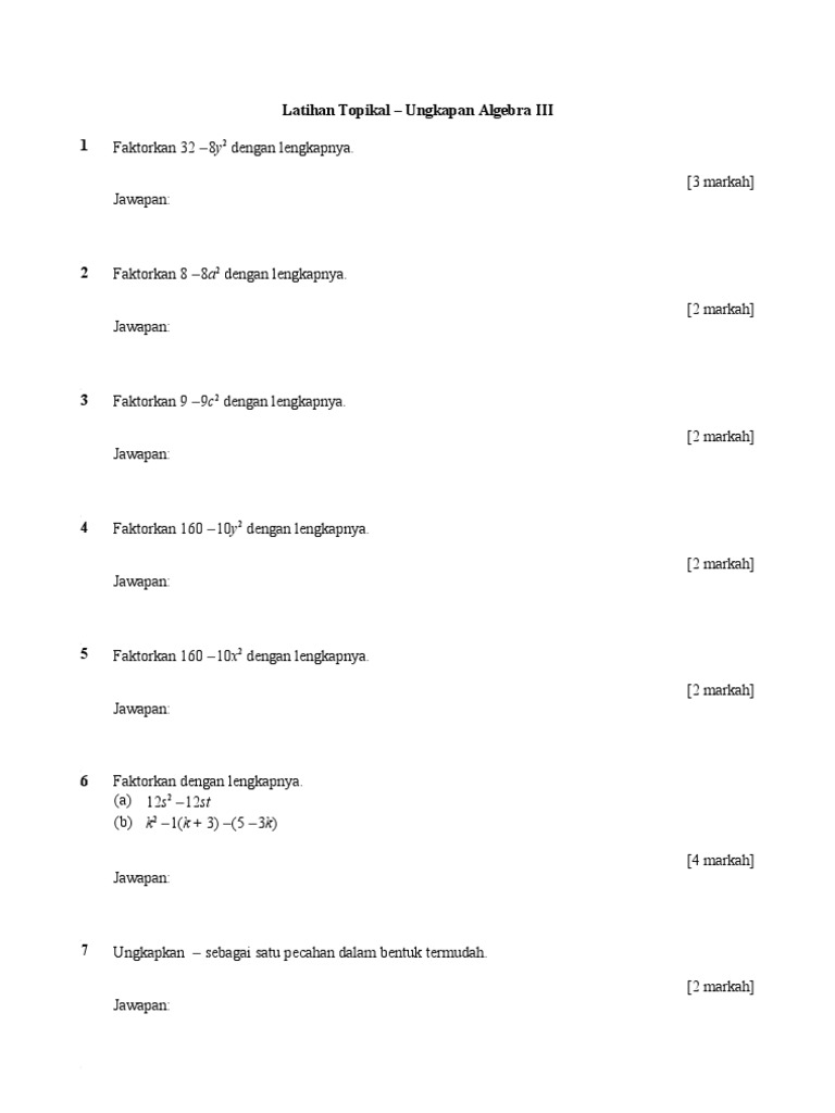 Latihan Topikal - Ungkapan Algebra III