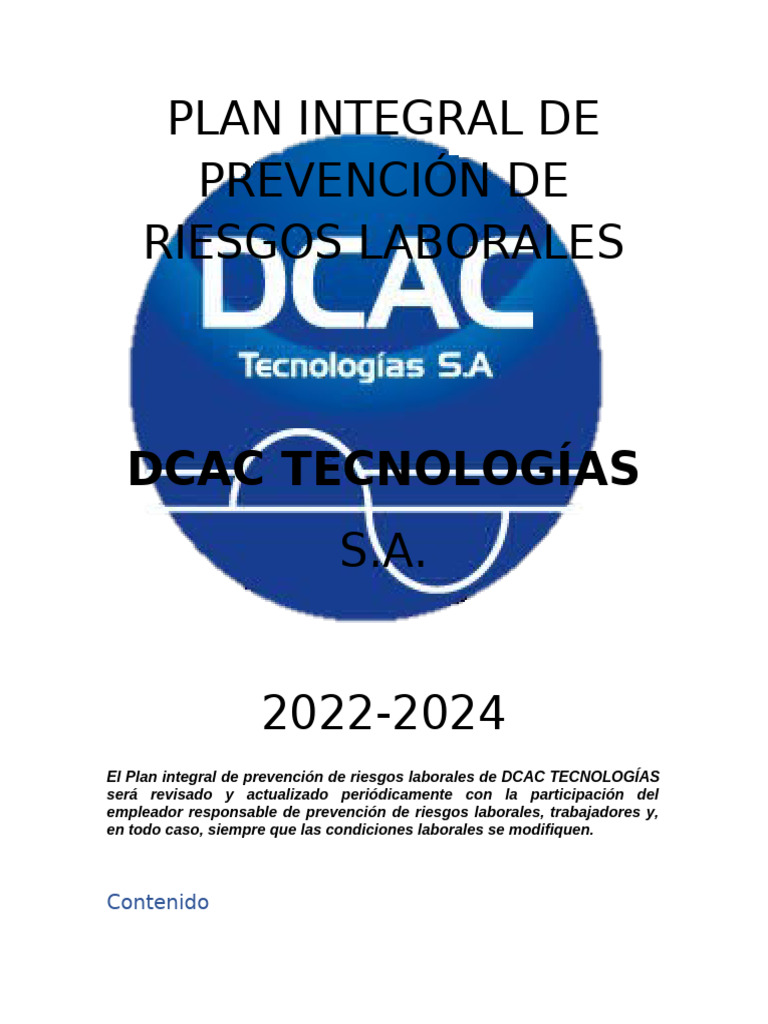 Plan Integral de Prevención de Riesgos Laborales | PDF | Seguridad y ...