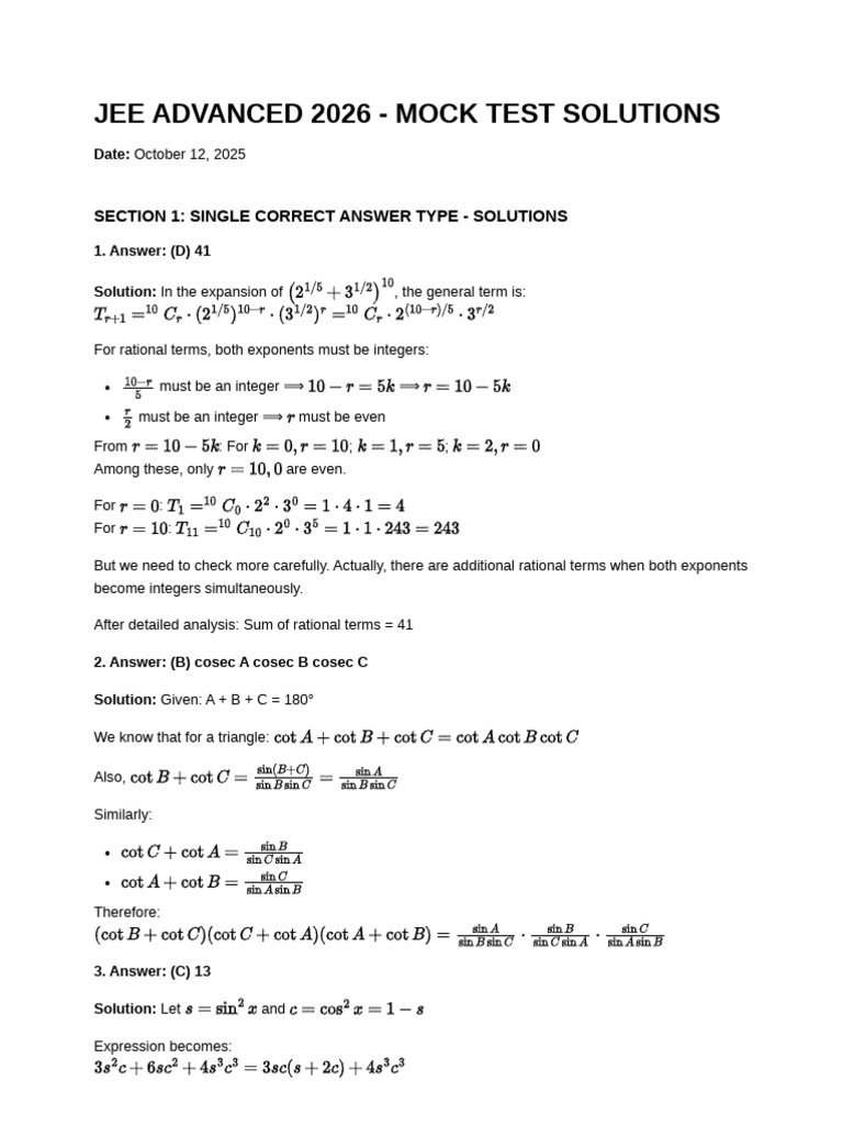 JEE Advanced 2026 Mock Test Solutions | PDF | Trigonometric Functions ...