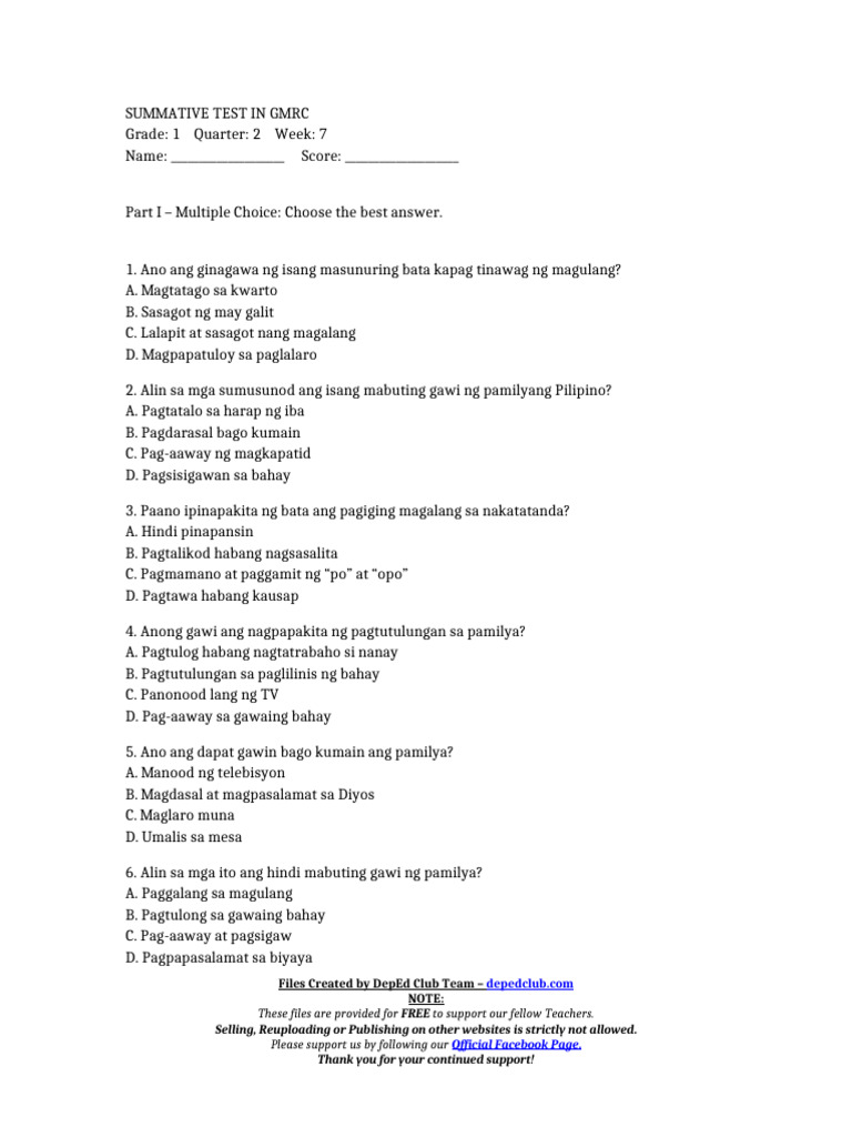 Summ - Test GMRC 1 q2 w7 | PDF