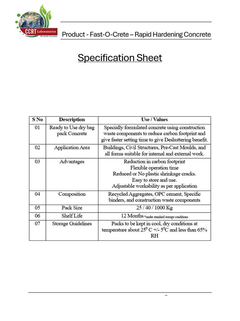 Specification Sheet Fast O Crete | PDF | Concrete | Civil Engineering