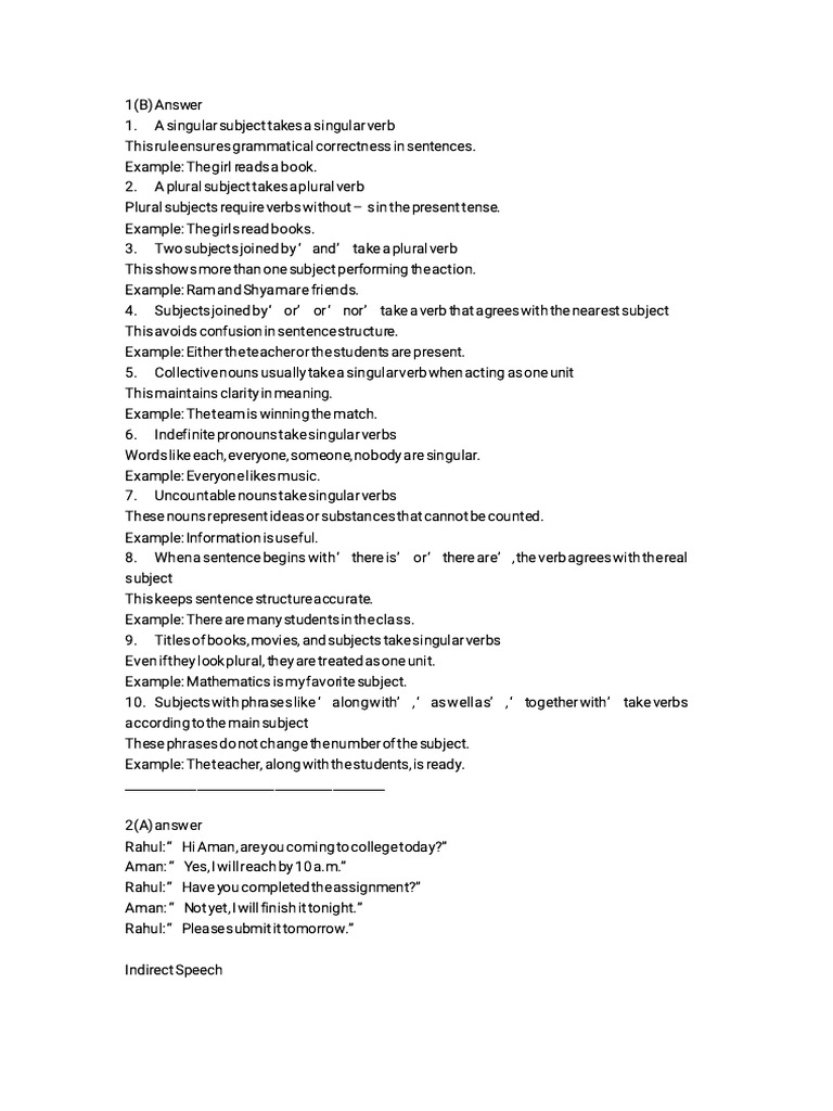 1(B) Answer | PDF | Grammatical Number | Verb