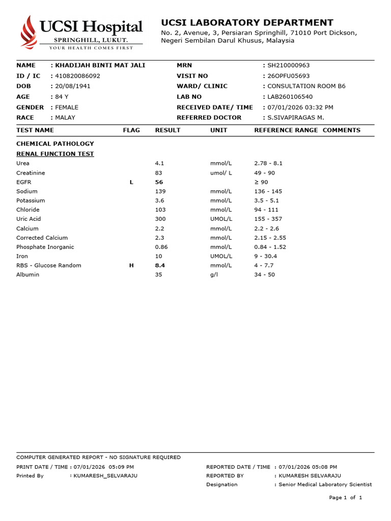 Khadijah Binti Mat Jali - RFT | PDF | Kidney | Medical Specialties